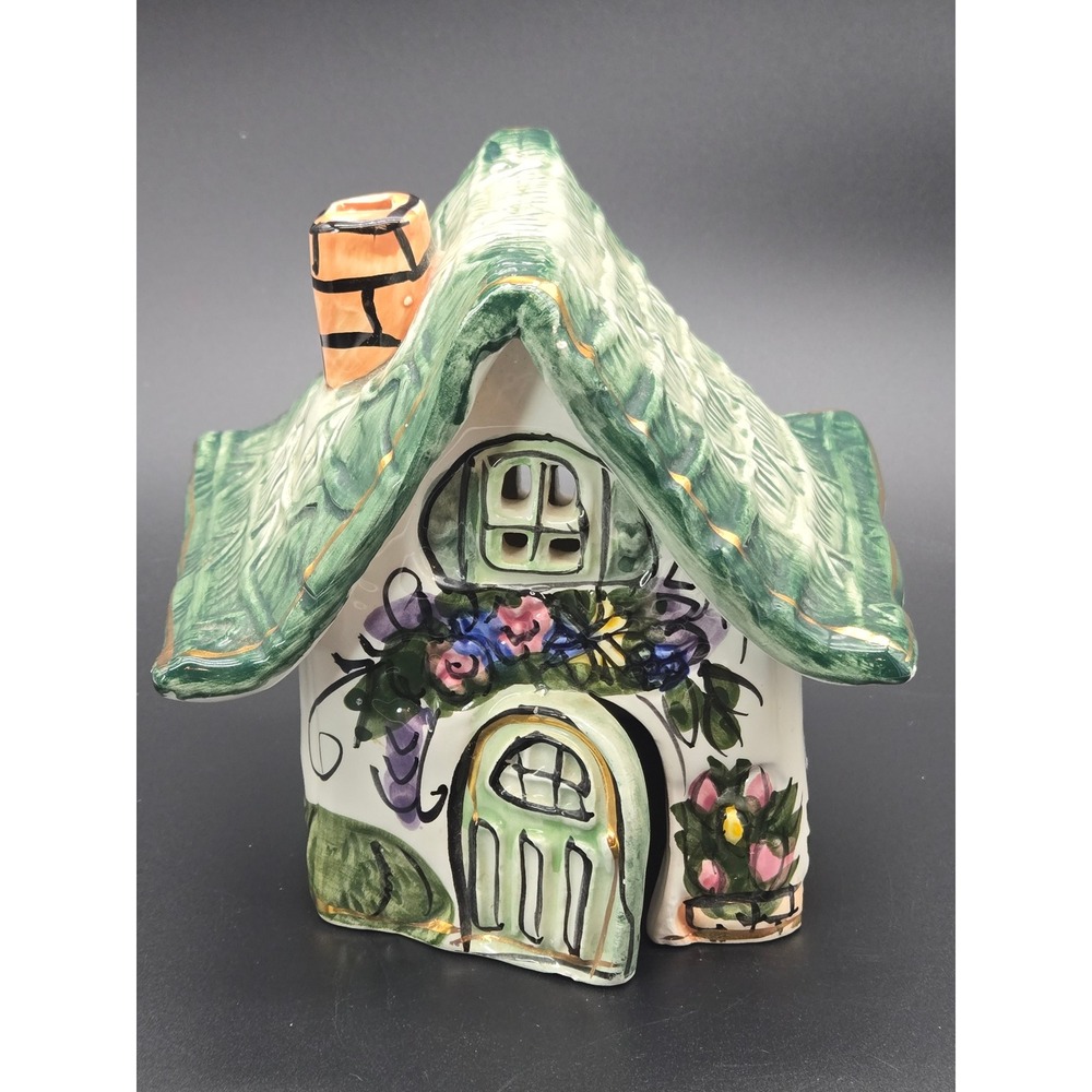 Heather Goldminc 2000 Ceramic Cottage Candle Holder Green Thatched Roof House